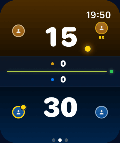 Pala on Apple Watch showing the live padel court score